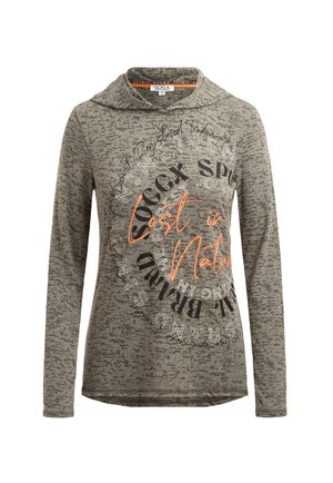 Long-sleeve green graphic hoodie featuring a textured pattern with circular typography, including "Lost in Nature" in bright orange.