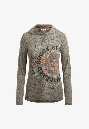 Long-sleeve green graphic hoodie featuring a textured pattern with circular typography, including "Lost in Nature" in bright orange.