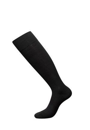 Calcetines negros hasta la rodilla hechos de tejido suave. Presentan un puño reforzado y un diseño de puntera sin costura para mayor comodidad y durabilidad.