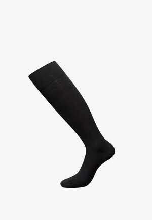 Knee-high black socks made of smooth fabric. Features a reinforced cuff and seamless toe design for comfort and durability.