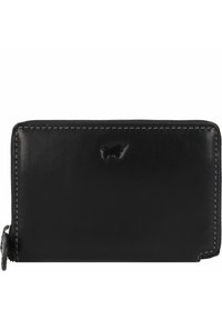 Black leather wallet with a smooth texture, zip closure, and contrasting white stitching. Features embossed logo on front. Compact rectangular shape.