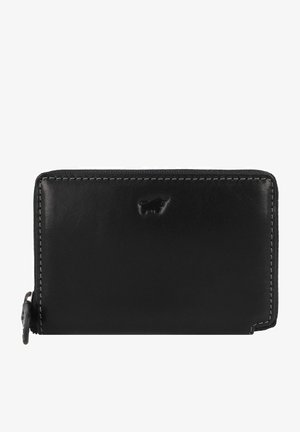 Portefeuille en cuir noir avec une texture lisse, fermeture à glissière et coutures blanches contrastantes. Présente un logo en relief à l'avant. Forme rectangulaire compacte.