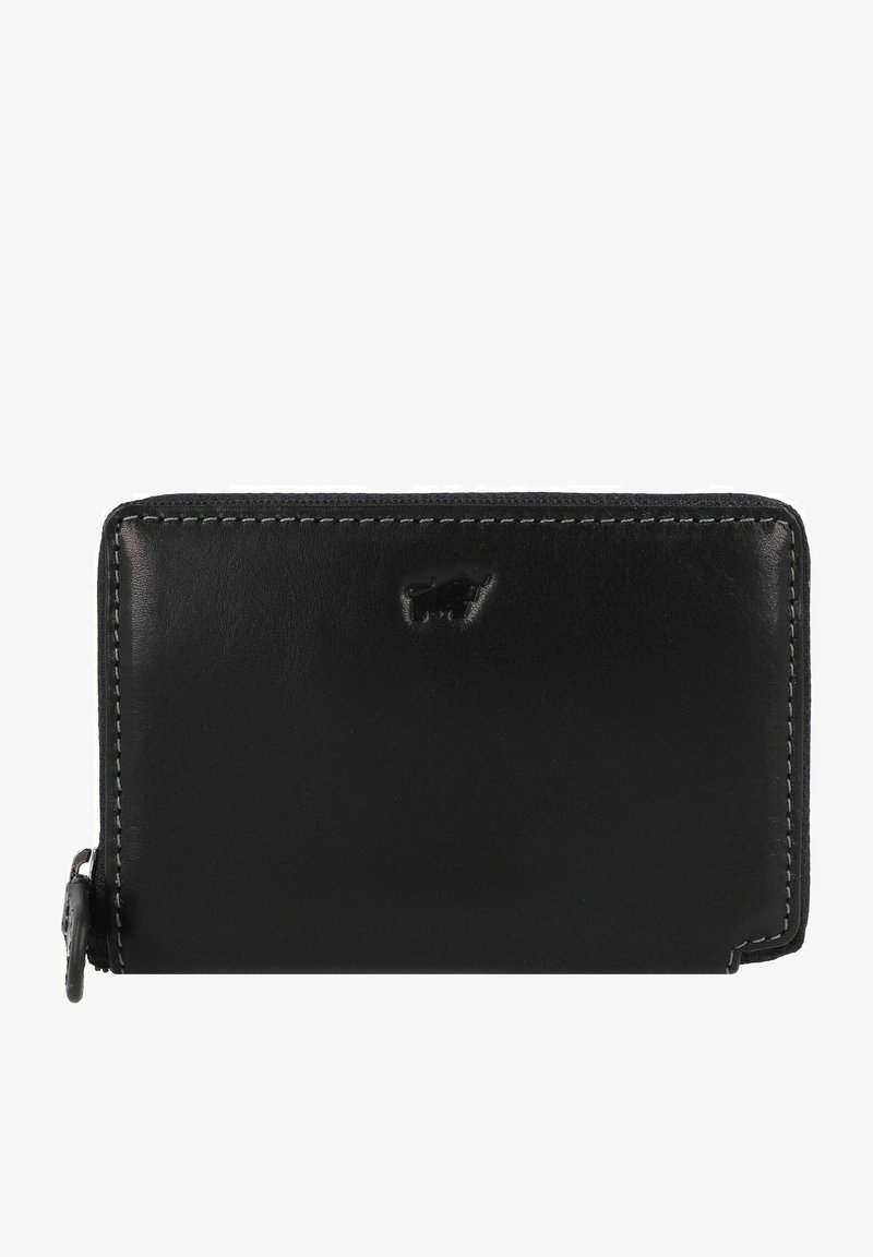 Black leather wallet with a smooth texture, zip closure, and contrasting white stitching. Features embossed logo on front. Compact rectangular shape.