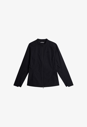 Czarna, lekka kurtka z długimi rękawami, zapinana na zamek, z kołnierzem stojącym, elastycznymi mankietami i bocznymi kieszeniami. Gładka, matowa tekstura i minimalistyczny design.