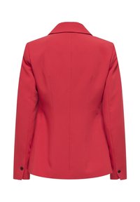 Blazer rouge ajusté avec col cranté, manches longues, poignets boutonnés et détails de couture, présenté de dos sur fond uni.