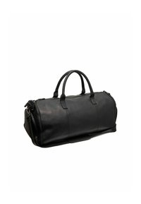 Bolso de viaje de cuero negro con asas superiores dobles y correa de hombro ajustable. Presenta un cierre con cremallera y acentos de hardware mínimos.