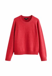 Red sweater with a round neckline, long raglan sleeves, ribbed cuffs, and hem. Made of textured fabric with a solid color design.