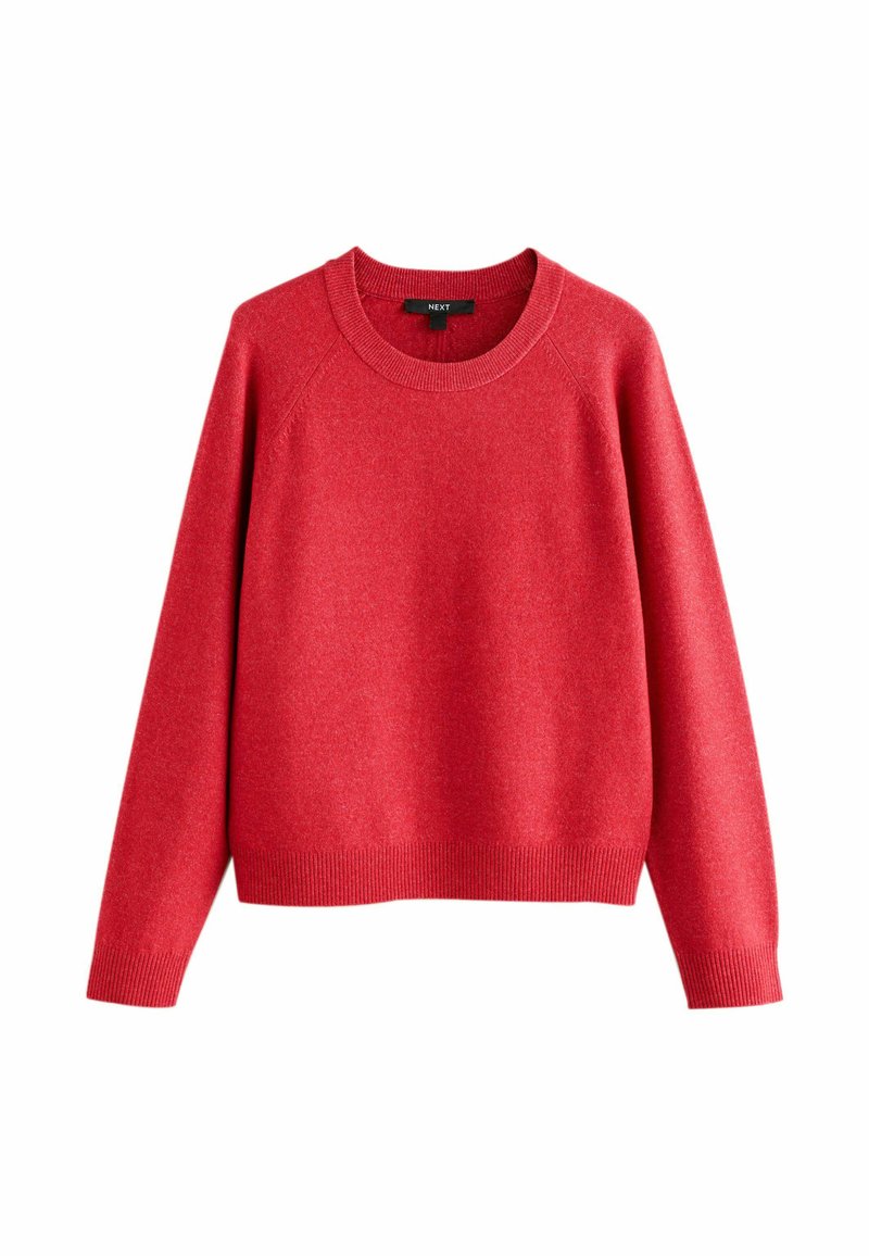 Red sweater with a round neckline, long raglan sleeves, ribbed cuffs, and hem. Made of textured fabric with a solid color design.