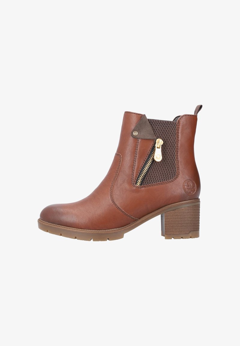 Bottine en cuir marron avec talon bloc, fermeture éclair latérale, panneau élastique et languette de tirage sur fond blanc.