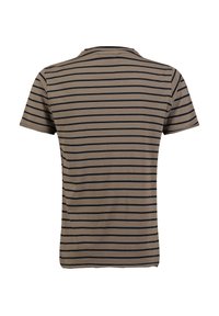 Camiseta a rayas en marrón y azul marino, de mangas cortas, cuello redondo, hecha de una tela suave con una textura lisa, presenta rayas horizontales.