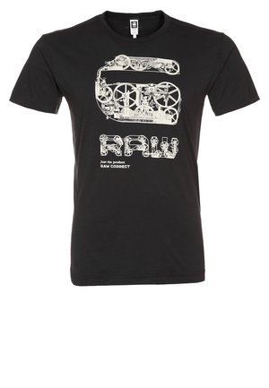 Czarna koszulka z krótkim rękawem z białym mechanicznym wzorem zębatki tworzącym dużą literę "G" oraz tekstem "G RAW" i "Just the product RAW CORRECT."