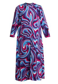 Färggklad långärmad klänning med ett virvlande mönster i blått, lila, rosa och vitt. Har en rak skärning och en rund halsringning.