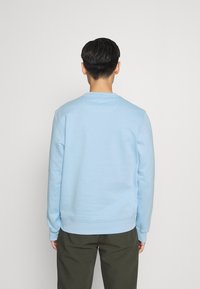 Ljusblå sweatshirt i bomullsblandning med rund halsringning, långa ärmar och ribbade muddar, i kombination med mörkgröna byxor.