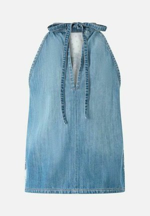 Ärmelloses hellblaues Denim-Halfter-Top mit V-Ausschnitt und Bindeschluss am Hals.