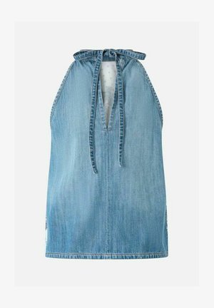 Ärmelloses hellblaues Denim-Halfter-Top mit V-Ausschnitt und Bindeschluss am Hals.