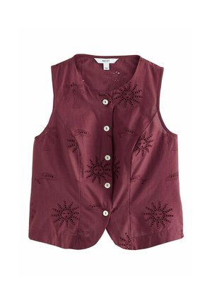 Varrukateta tumepunane nööpidega vest tikanditega päikese, palmipuude ja poolkuu mustritega ees ja taga.