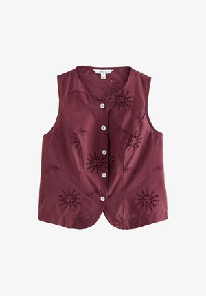 Sleeveless maroon button-up vest with embroidered sun, palm tree, and crescent moon patterns front and back.