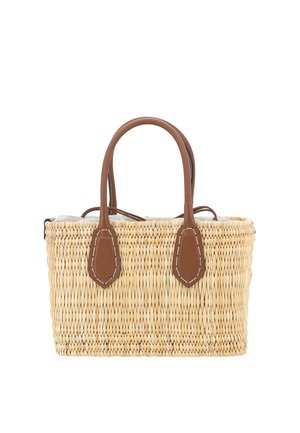 Woven straw handbag with two brown leather handles and stitch details, rectangular shape, beige fabric lining inside.