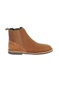 Bota Chelsea de cuero marrón con paneles laterales elásticos, punta lisa, tacón texturizado y suela en un tono marrón claro contrastante.