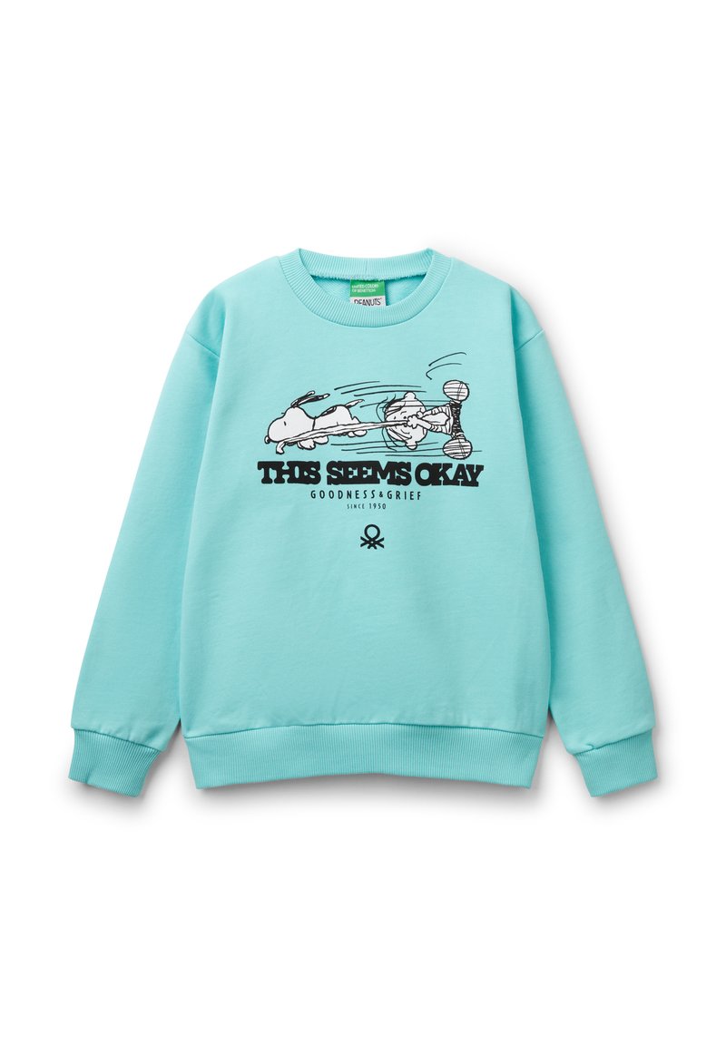Light turquoise sweatshirt features a crew neck, ribbed cuffs and hem, and a central graphic print with the text "THIS SEEMS OKAY."