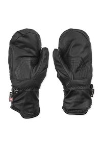 Moufles en cuir noir à finition texturée, présentant un motif en zigzag sur le dos de la main et une sangle de fermeture sécurisée au poignet.