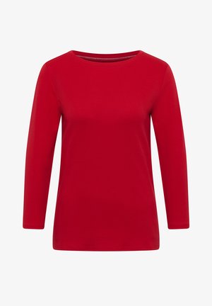 Camiseta roja de manga larga con cuello redondo, hecha de una tela suave con una textura lisa y un diseño simple y sin adornos.