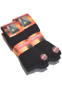 Quattro paia di calze termiche in nero e grigio scuro, con una texture liscia, punta arrotondata e confezione etichettata con dettagli del marchio.