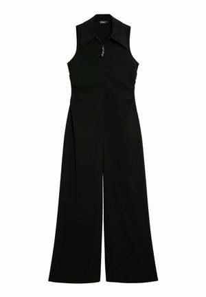 Schwarzer ärmelloser Jumpsuit mit kragenförmigem Ausschnitt, Frontreißverschluss und gerafften Seitendetails. Weit geschnittenes Bein und glatte Stoffstruktur.
