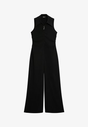Black sleeveless jumpsuit with a collared neckline, front zipper, and gathered side details. Wide-leg design and smooth fabric texture.