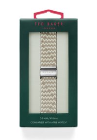 Correa de reloj de tela tejida en beige con un patrón en zigzag. Accesorios de metal plateado con "TED BAKER" grabado. Se ajusta a relojes Apple de 38 mm y 40 mm.