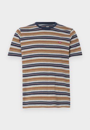 Stripet t-skjorte med korte ermer, med horisontale striper i brunt, marineblått, hvitt og blått; laget av bomull, rund halslinning, liten logo på brystet.