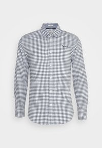 Heren shirt met lange mouwen in wit en marineblauw ruitpatroon, met knoopsluiting en borstzak, van katoen.