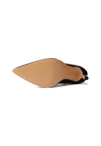Scarpa nera con tacco alto, punta affilata e superficie liscia. La suola è beige con leggere scanalature. Una silhouette snella ed elegante.