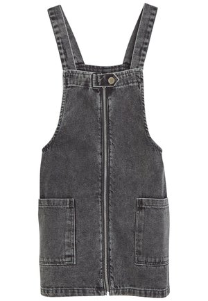 Sortvasket denim smækdress med lynlås foran, to firkantede frontlommer, justerbare skulderremme og en trykknap ved halsudskæringen.