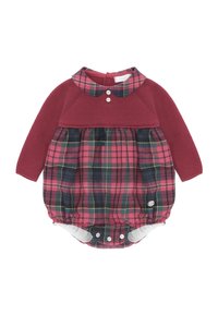 Cuerpo de punto texturizado rojo con cuello, que presenta una falda de cuadros en rosa, marino y verde. Tres botones en la parte delantera y cierres a presión en la parte inferior.