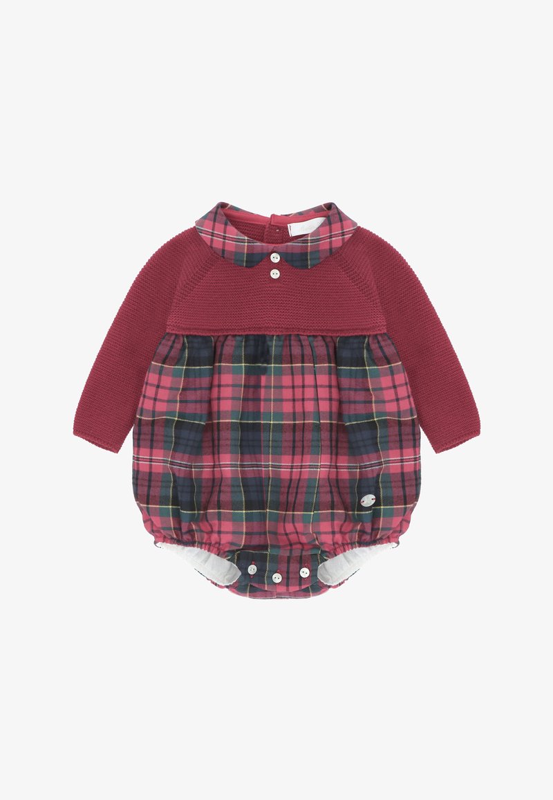 Cuerpo de punto texturizado rojo con cuello, que presenta una falda de cuadros en rosa, marino y verde. Tres botones en la parte delantera y cierres a presión en la parte inferior.