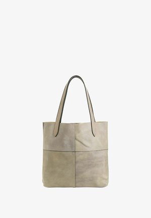 Sac en cuir de couleur taupe clair, de forme rectangulaire, avec des poignées doubles et une texture lisse. Dispose d'un design horizontal cousu.