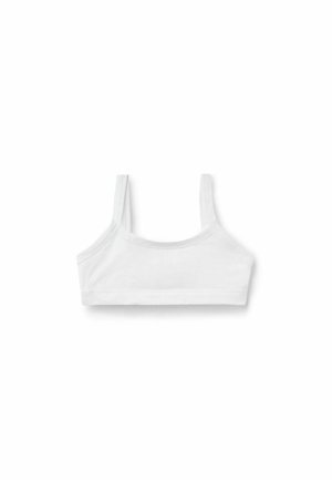 Top in cotone bianco con reggiseno, caratterizzato da spalline sottili, design senza cuciture e una texture morbida. Nessun ulteriore decorazione o motivo.