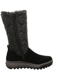Czarne pikowane botki mają zamek błyskawiczny, zamszowe akcenty, teksturowaną gumową podeszwę oraz sztuczne futro na górze dla zapewnienia ciepła.
