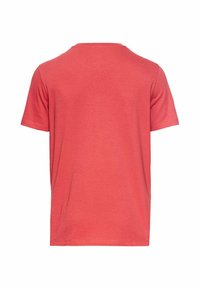 Kortærmet t-shirt i en levende koralfarve, lavet af blødt materiale. Har en rund hals og et simpelt, uden dekorationer designs på bagsiden.