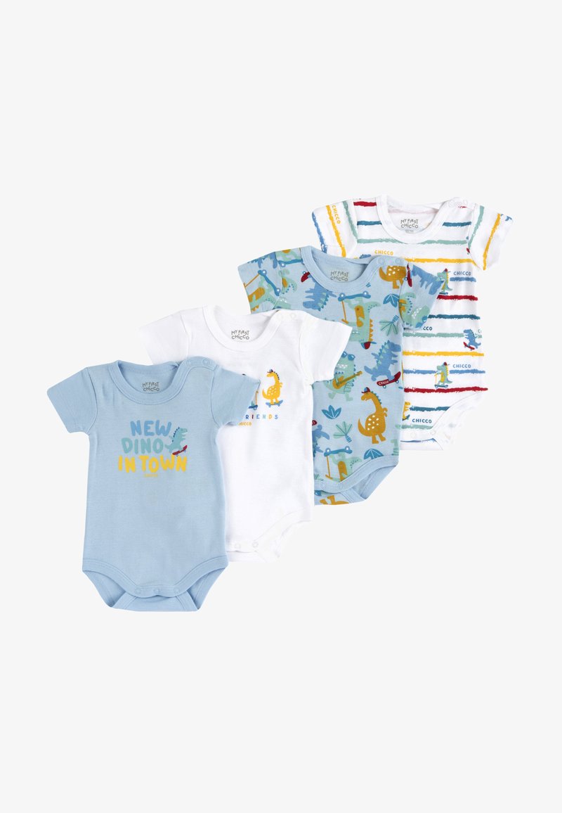 Čtyři dětské body v různých barvách: světle modrá, bílá a vzor s dinosaury, pruhy a hravými grafikami.