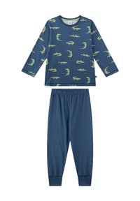 Blue long-sleeve pajama top featuring green dinosaur patterns, paired with matching blue elastic-waist pants. Soft cotton material.