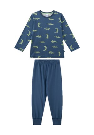 Blue long-sleeve pajama top featuring green dinosaur patterns, paired with matching blue elastic-waist pants. Soft cotton material.