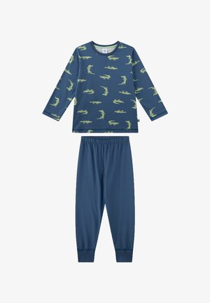 Blaues langärmliges Pyjama-Oberteil mit grünen Dinosauriermustern, kombiniert mit passenden blauen Hosen mit elastischem Bund. Weiches Baumwollmaterial.