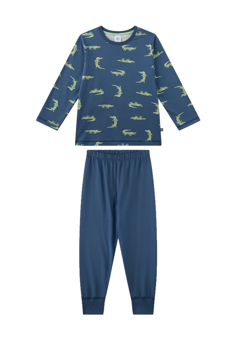 Blue long-sleeve pajama top featuring green dinosaur patterns, paired with matching blue elastic-waist pants. Soft cotton material.