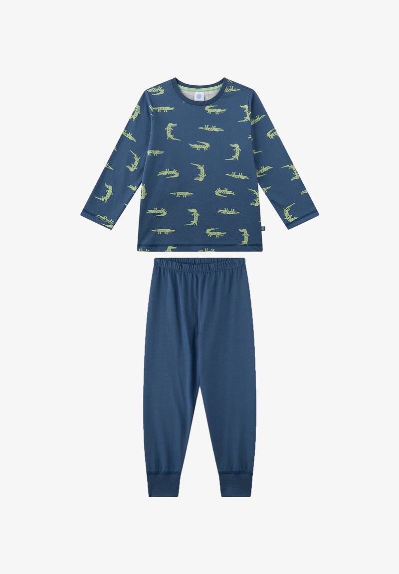 Blue long-sleeve pajama top featuring green dinosaur patterns, paired with matching blue elastic-waist pants. Soft cotton material.