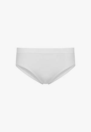 Białe bawełniane majtki hipsterki o gładkiej fakturze, elastycznym pasie i bezszwowych krawędziach, bez widocznych wzorów czy akcentów.
