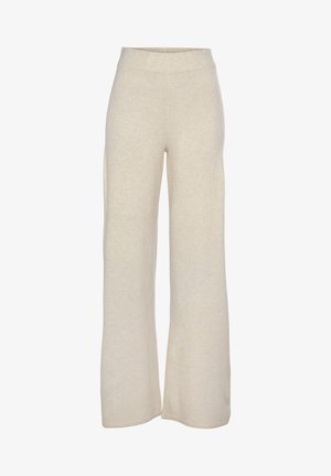 Weite, hellbeige Hosen aus weichem, strukturiertem Stoff mit einem elastischen Bund und ohne sichtbare Beschläge oder Muster.