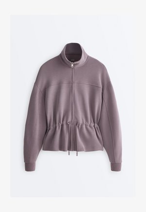 Lila Reißverschlussjacke mit hohem Kragen, langen Ärmeln, gerippten Bündchen und einstellbarem Tunnelzug an der Taille.