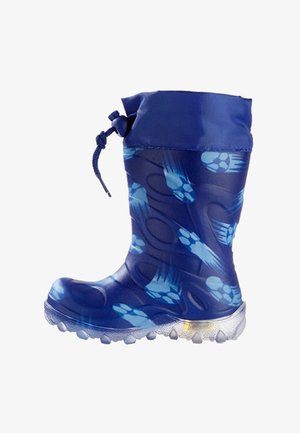 Bottes de pluie en caoutchouc bleues avec une finition brillante, arborant des motifs de pattes de chien bleu clair, une surface texturée et un cordon de serrage en haut.